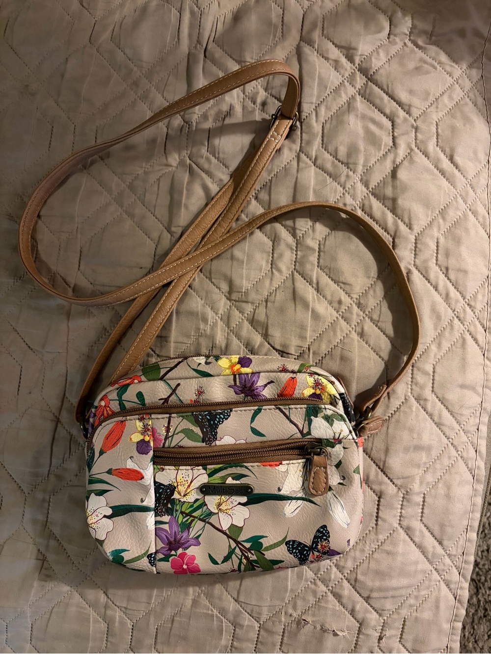 Floral Cream Crossbody Bag purse small with adjustable Tan Strap